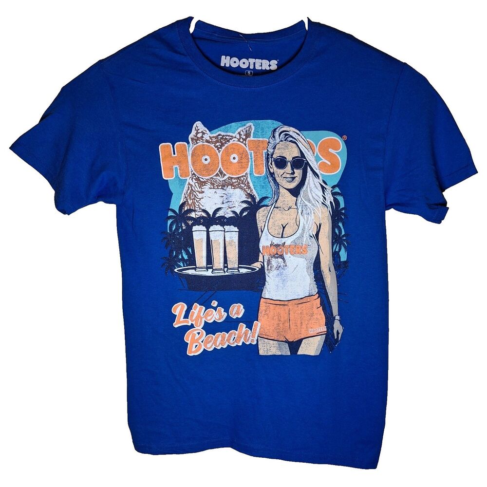 Hooters Owl Life's A Beach Girl Beers Crew Neck Royal Adults Tshirt Tee Sz S